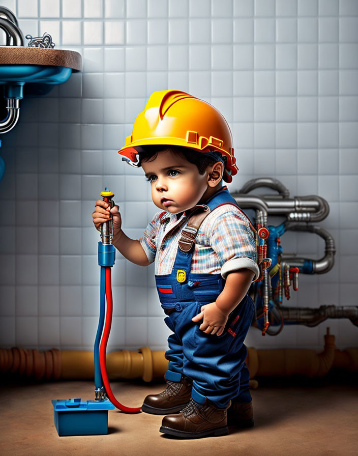 Toddler in hard hat with toy wrench by colorful pipes and valves