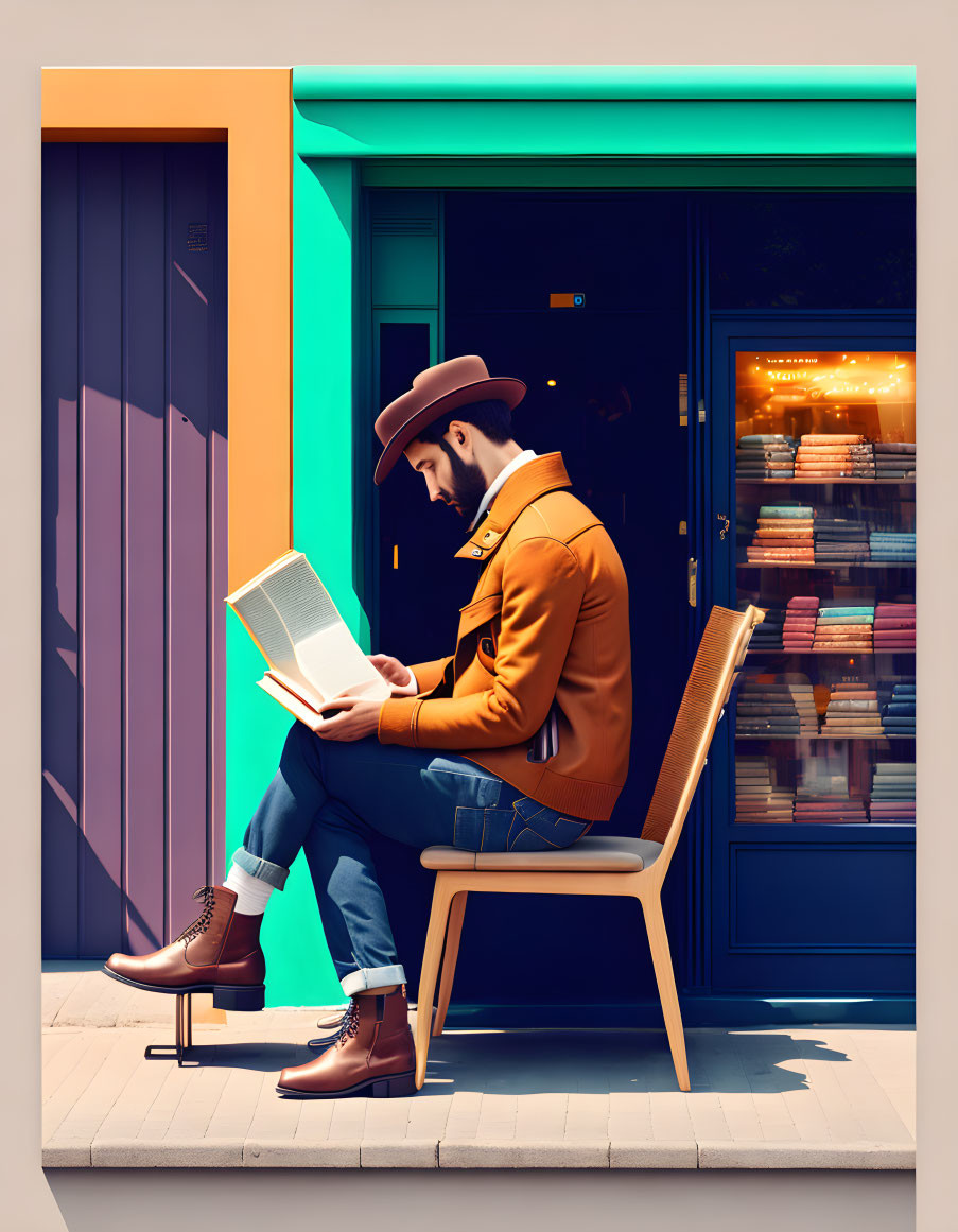 Man in Hat Reading Book Outside Vibrant Storefront