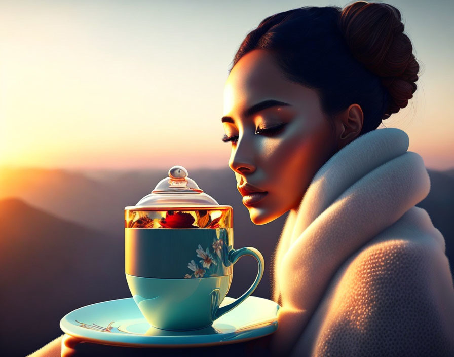 Woman in white scarf mirroring teapot on cup against sunset