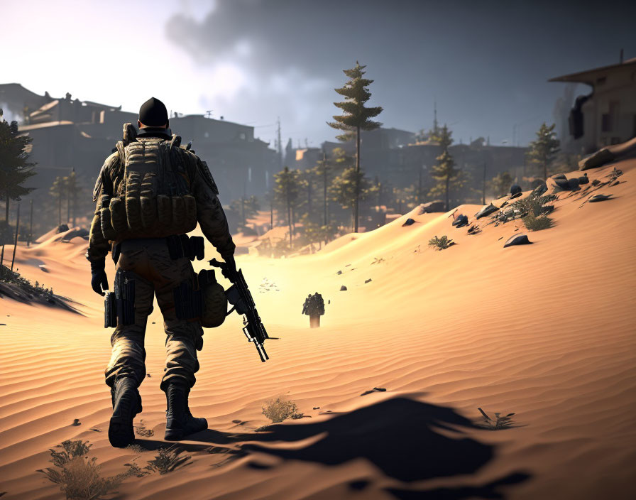 Soldier in full gear with rifle in desert landscape facing village surrounded by trees and dunes