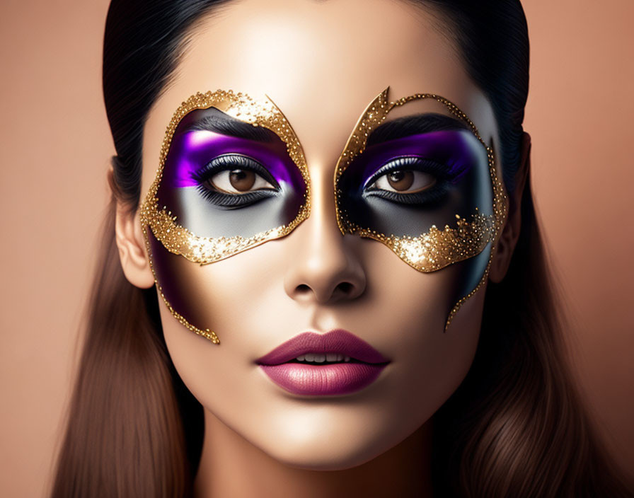 Dramatic purple and gold masquerade mask eye makeup on woman's face