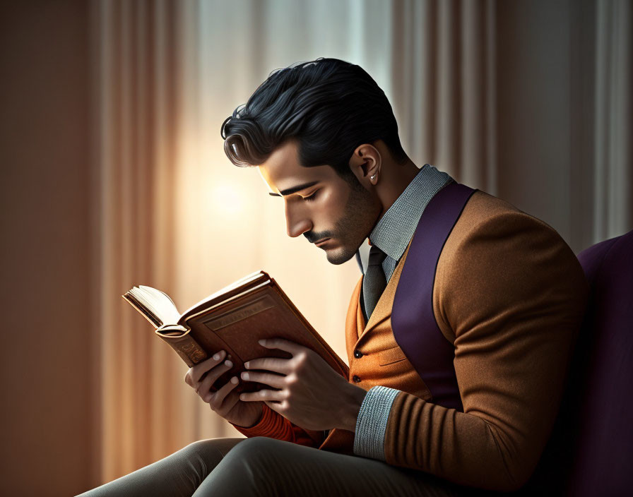 Man reading book by window with neat hairstyle and beard illustration