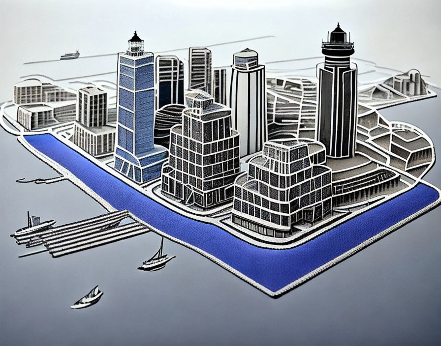 Modern 3D cityscape illustration with skyscrapers, river, boats, and lighthouse in