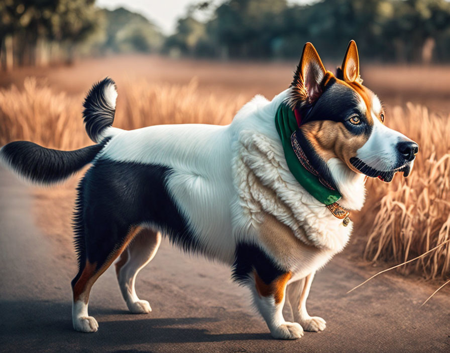 Tricolor Corgi with Bandana and Collar in Golden Field