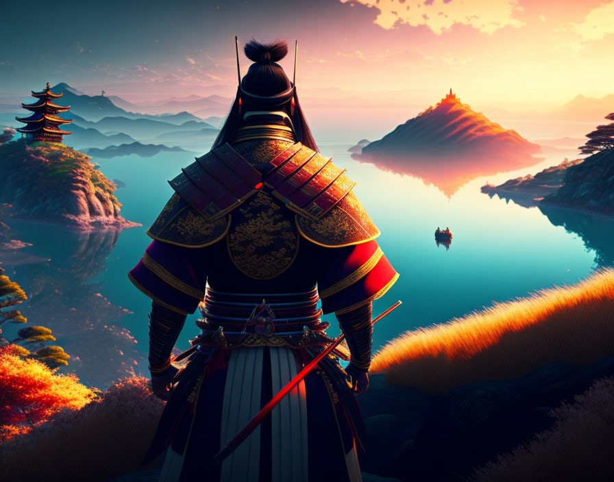 Traditional Japanese warrior in armor gazes at serene landscape with mountains, pagoda, and sunset reflection.