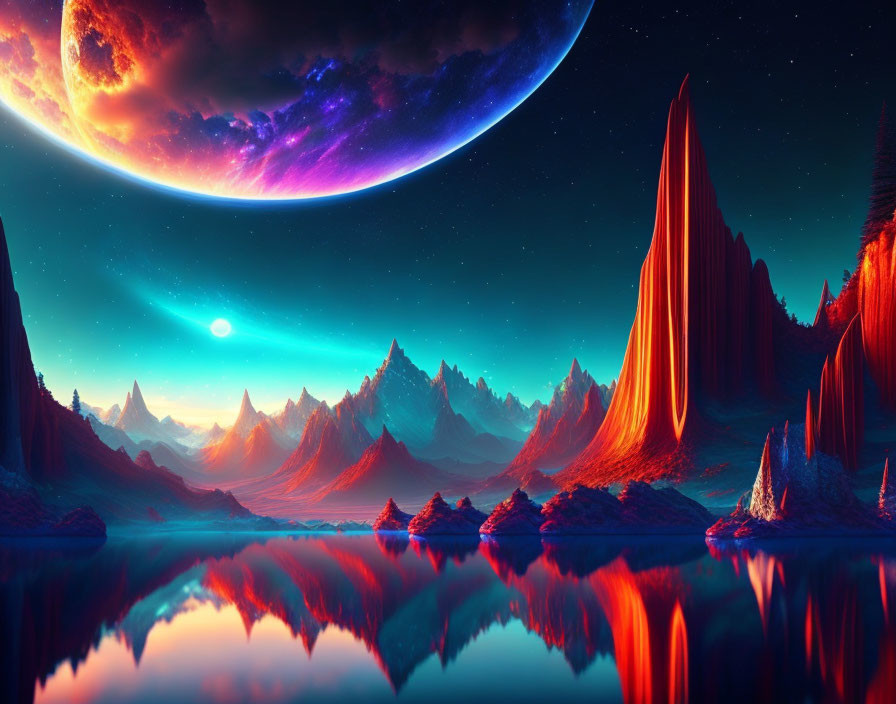 Sci-fi landscape with sharp mountains, starry sky, and large planet reflecting on water.