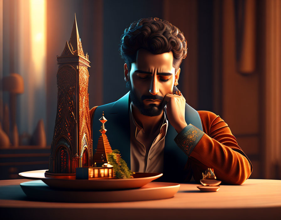 Bearded man gazes at miniature building in warmly lit room