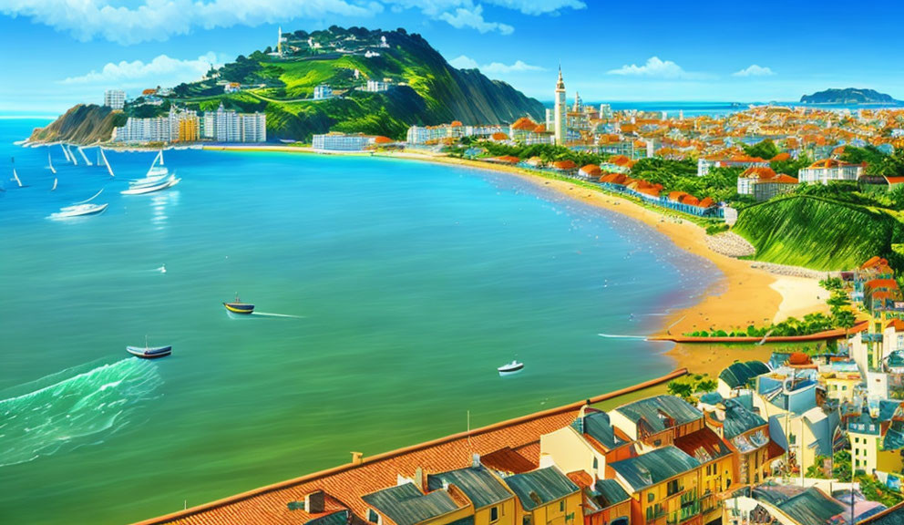 Vibrant coastal town scene with colorful buildings, beach, boats, and hills