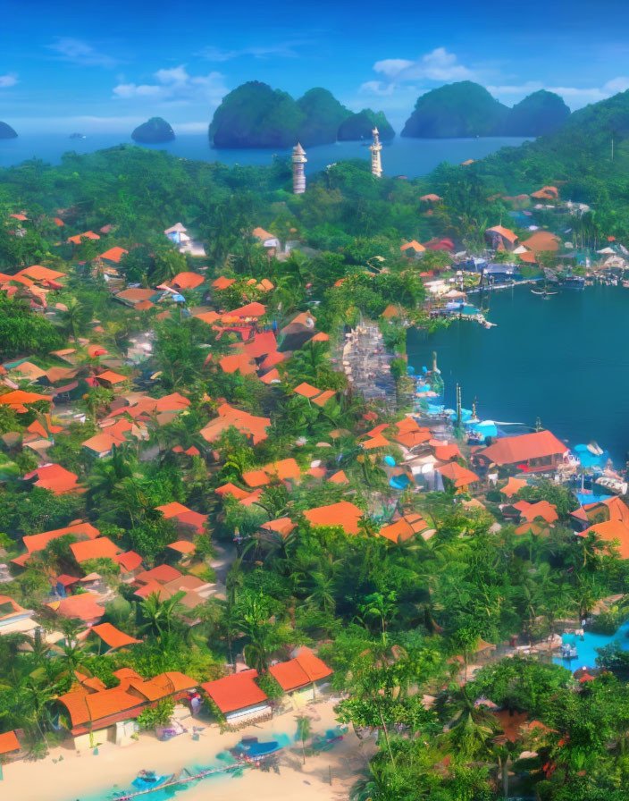 Scenic tropical coastal village with terracotta rooftops and turquoise bay