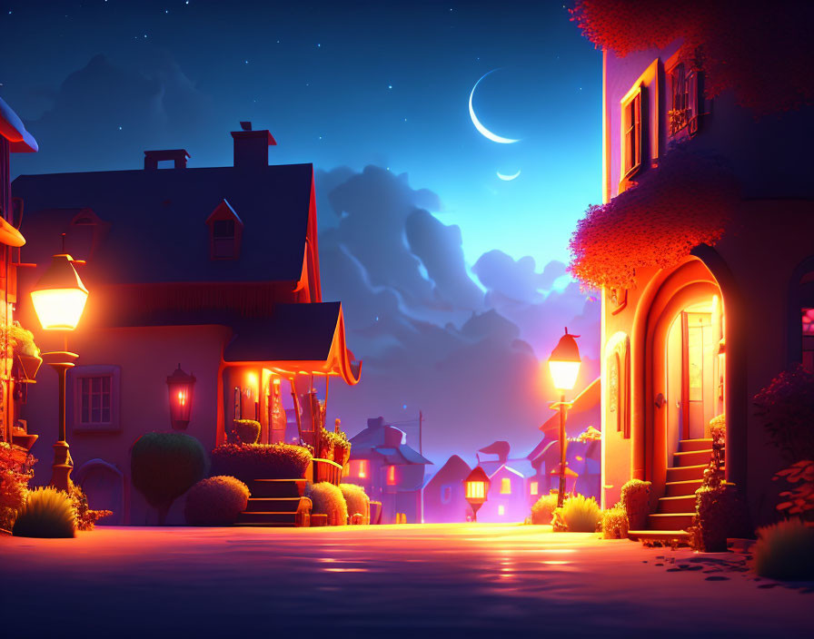 Tranquil night scene of warm street lights and glowing windows