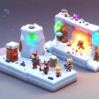 Fantasy winter scene with cute creatures, snow-covered cave, glowing tree