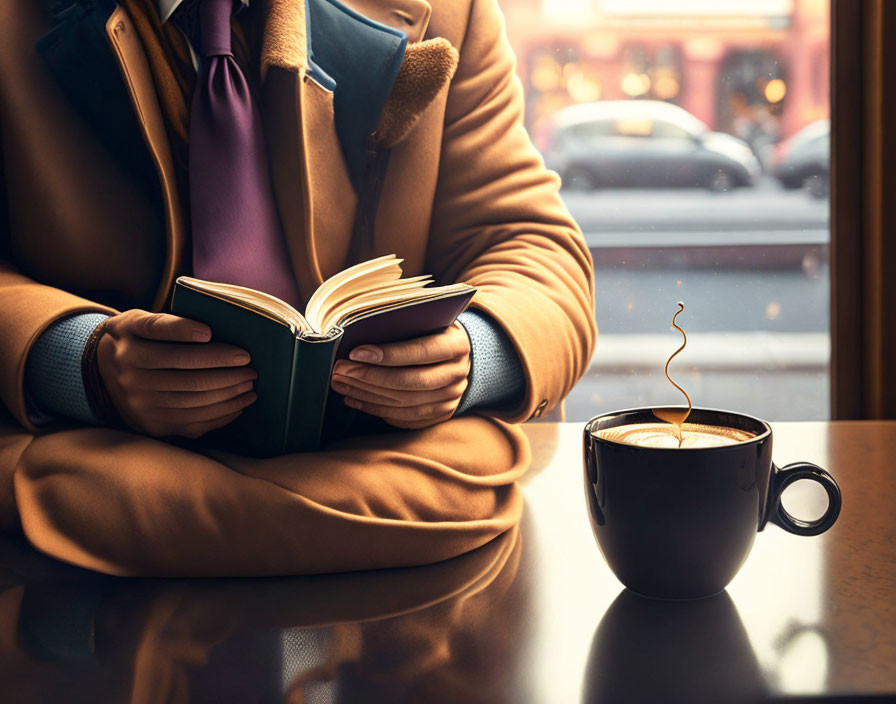 Person in warm coat reading book at cafe table with coffee and street view