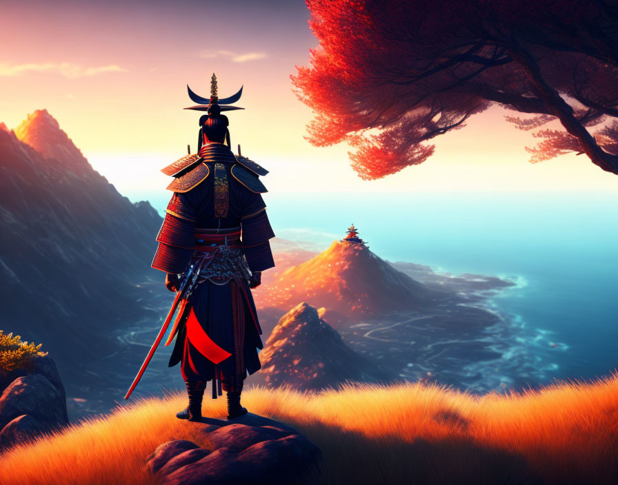 Samurai in traditional armor overlooking scenic sunset vista