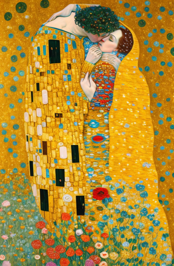 Embracing figures in gold and colors reminiscent of Gustav Klimt's style