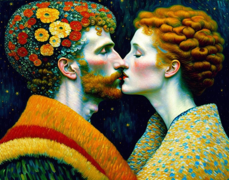 Vibrant painting of man and woman kissing with floral patterns and textured clothing