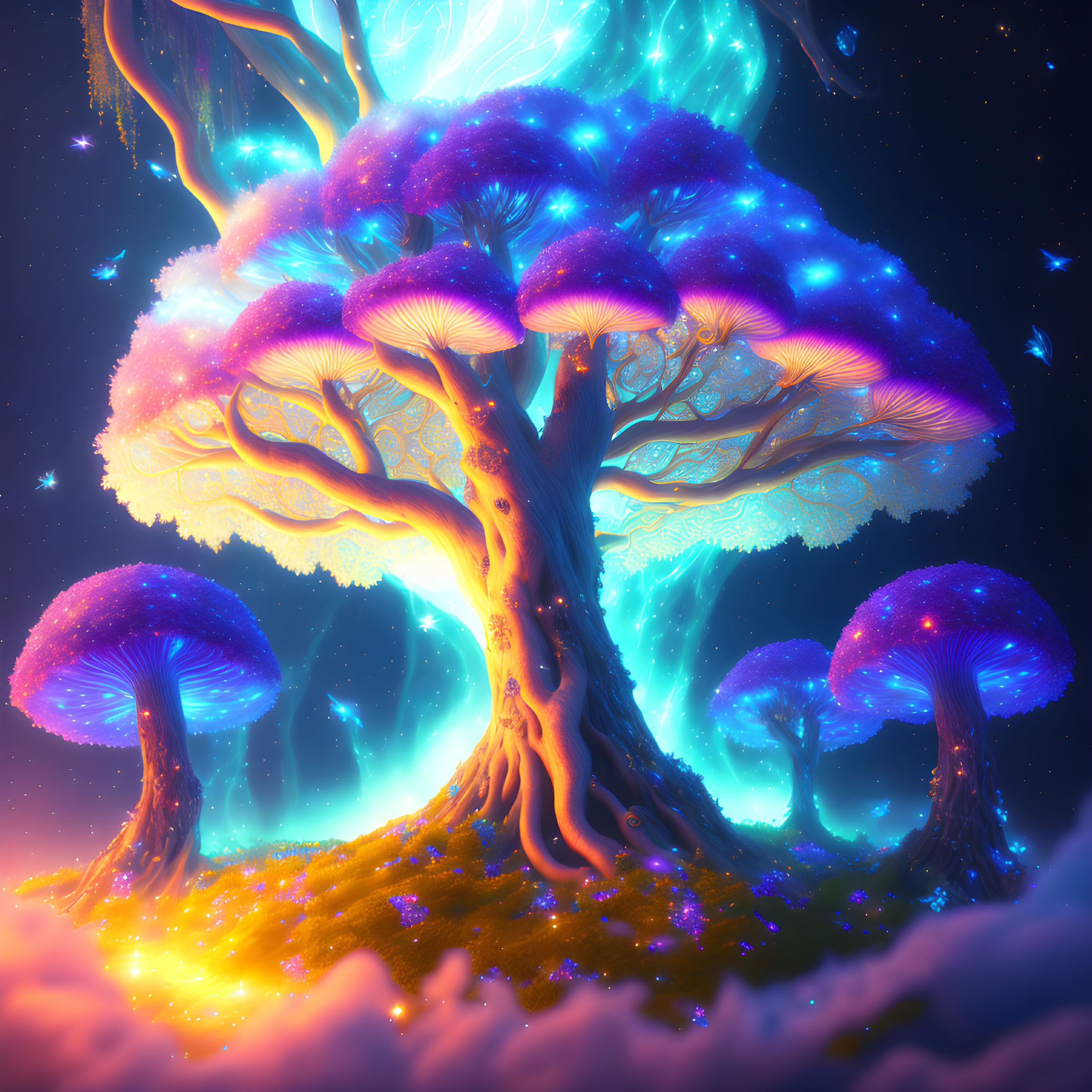 Fantasy artwork with oversized mushrooms and glowing celestial tree under starry sky