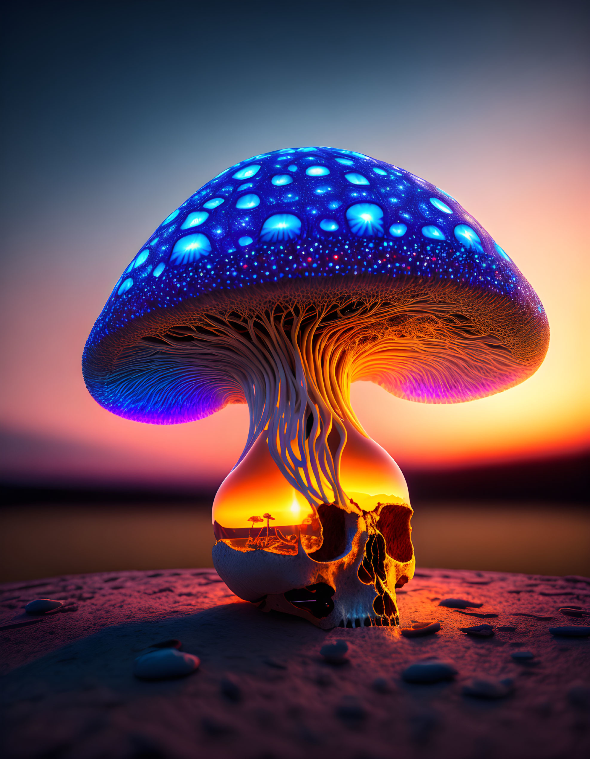 Bioluminescent mushroom digital artwork with glowing blue cap against twilight sky