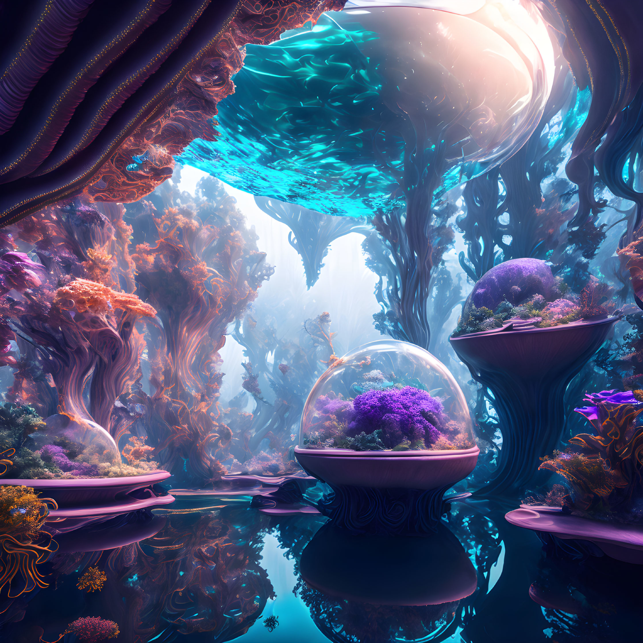 Vibrant Coral Formations in Ethereal Underwater Scene