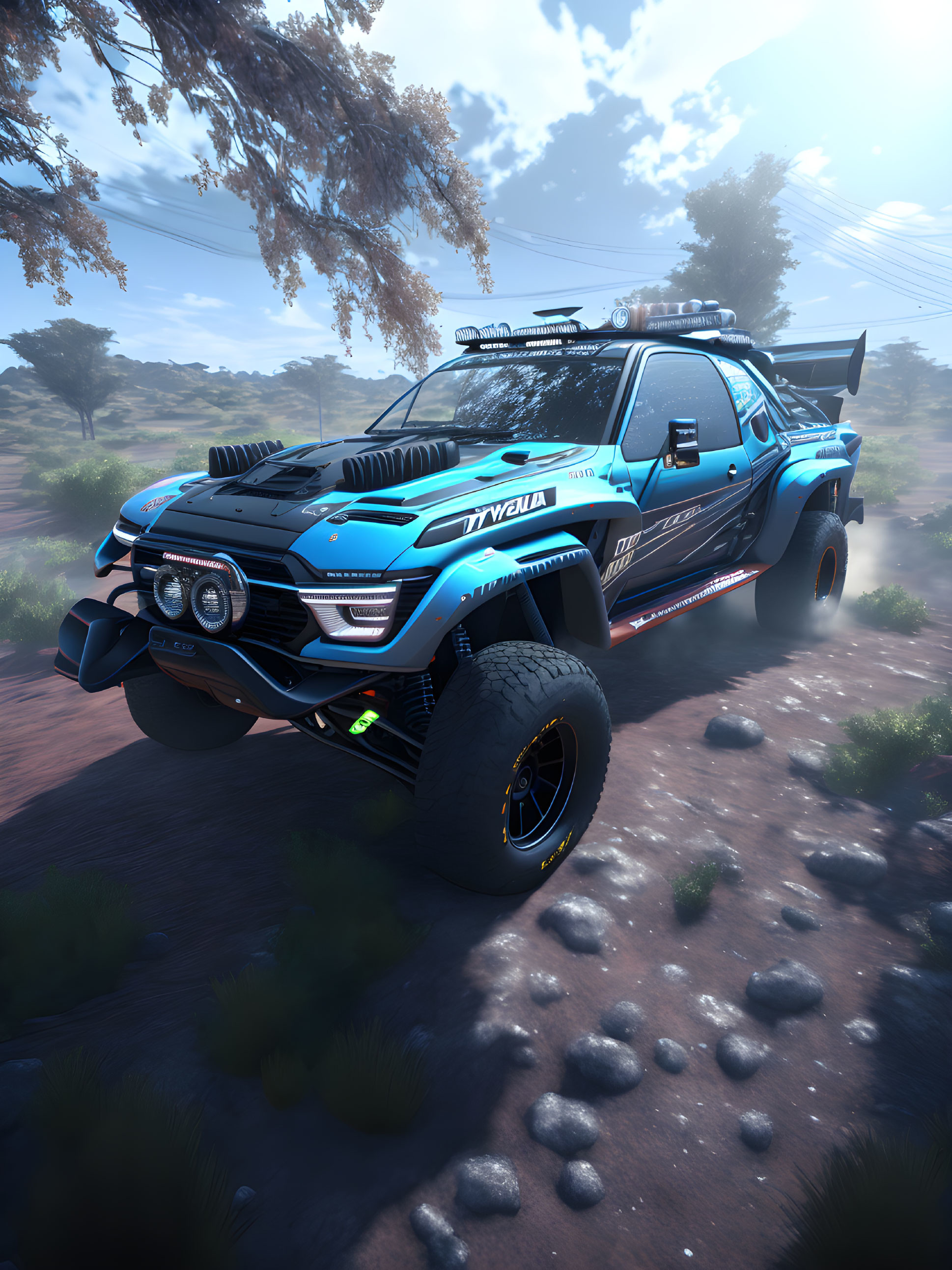 Custom blue off-road truck with large spoiler and roof lights on rocky terrain