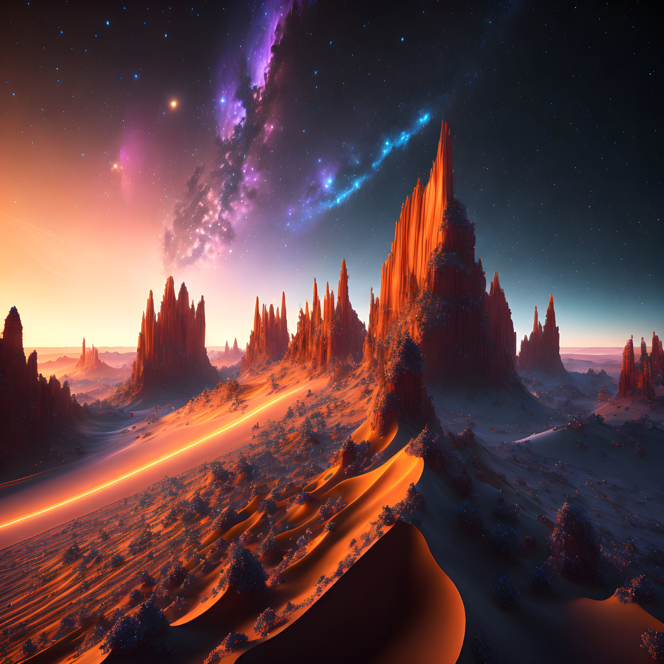 Surreal landscape with towering rock formations and lava rivers under starry night sky