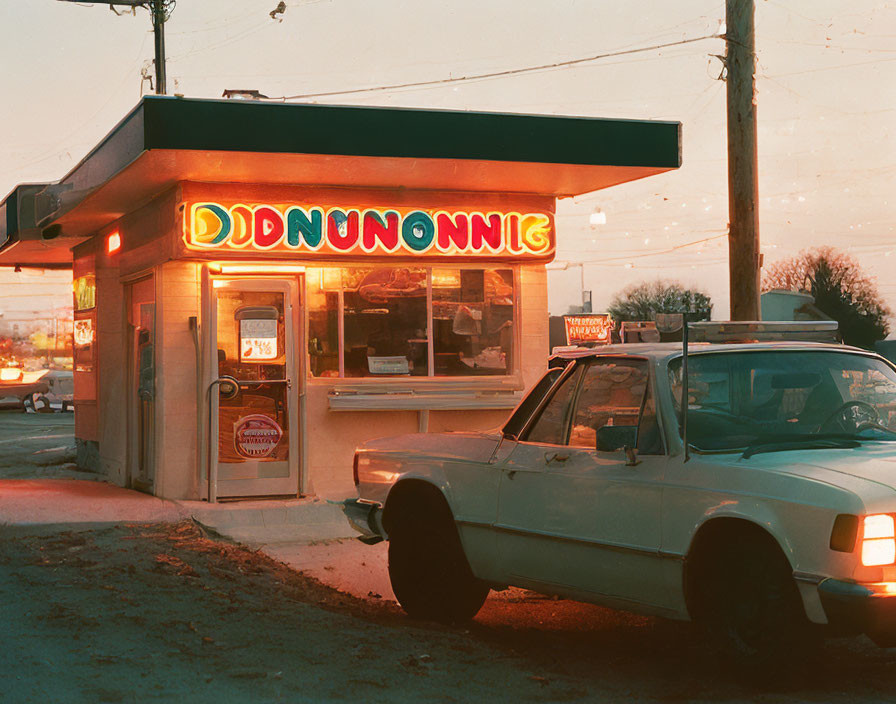 Vintage diner with dusk-lit neon sign and parked old car