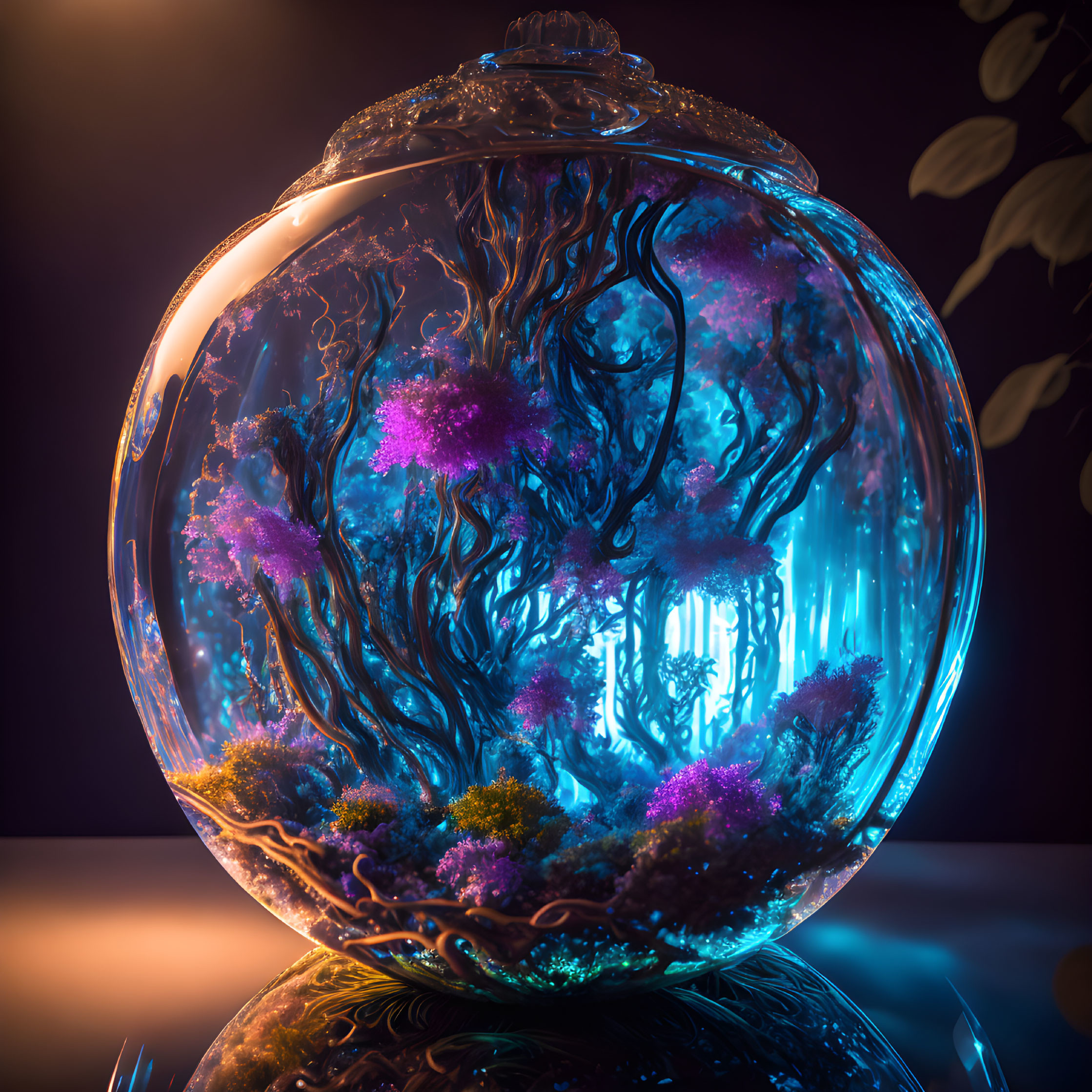 Purple foliage tree-like structure in spherical glass terrarium on dark backdrop