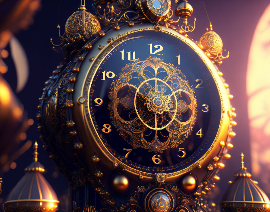 Intricate Golden Clock on Blue Bokeh Background