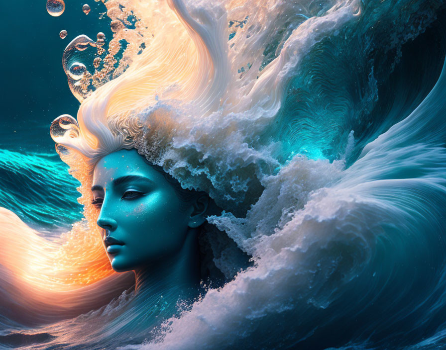 Blue female face blending with ocean waves in surreal art.