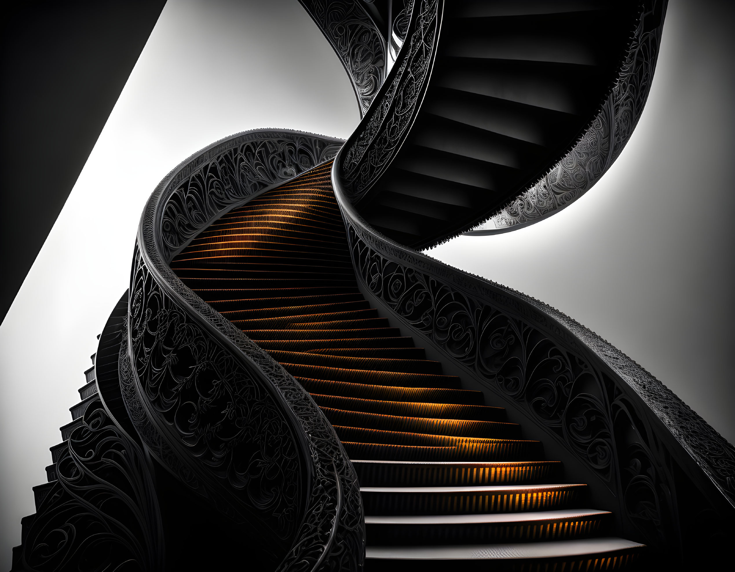 Ornate metal balustrades on elegant spiral staircase with warm lighting