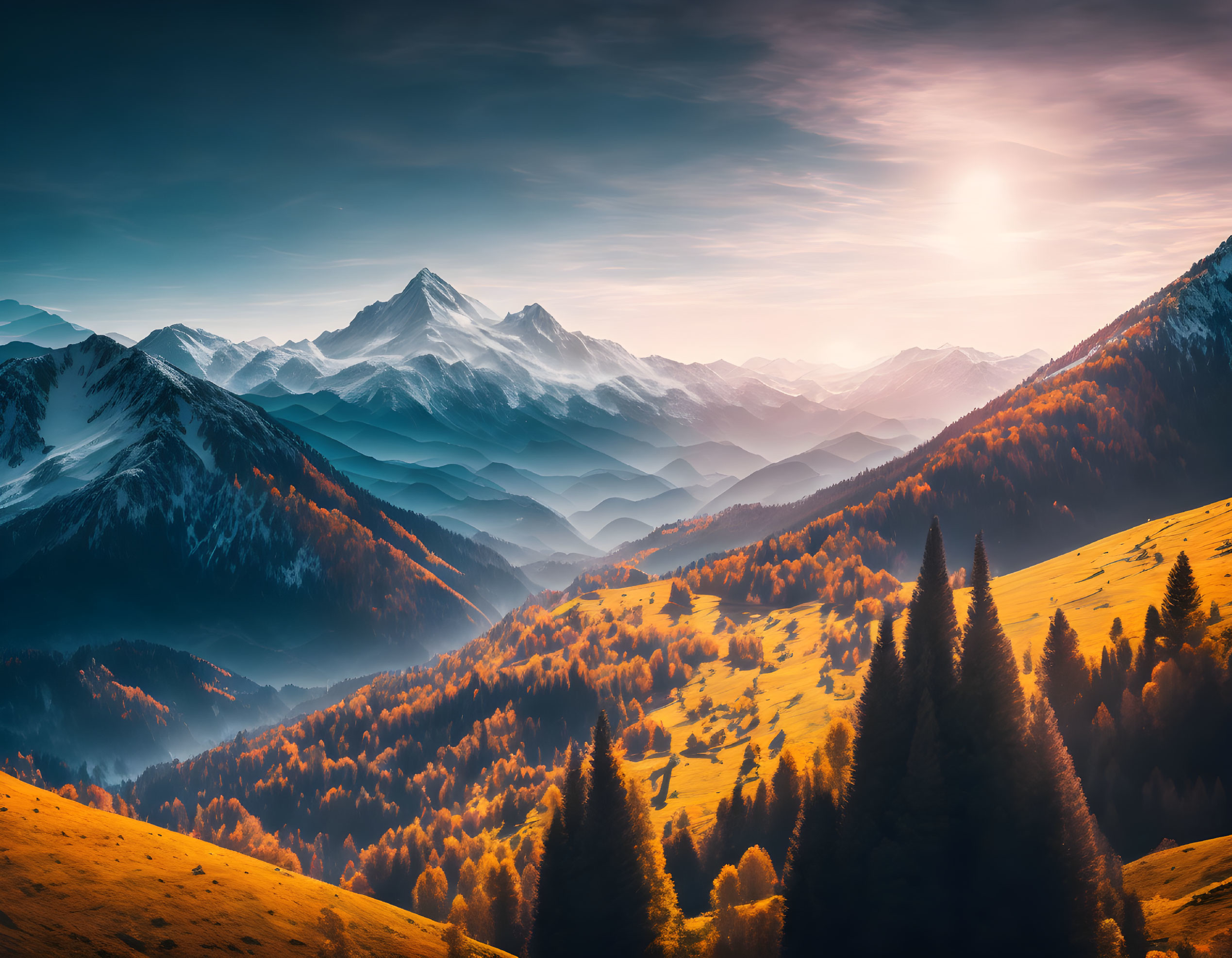 Scenic sunset over mountainous landscape with autumn forest and glowing sky