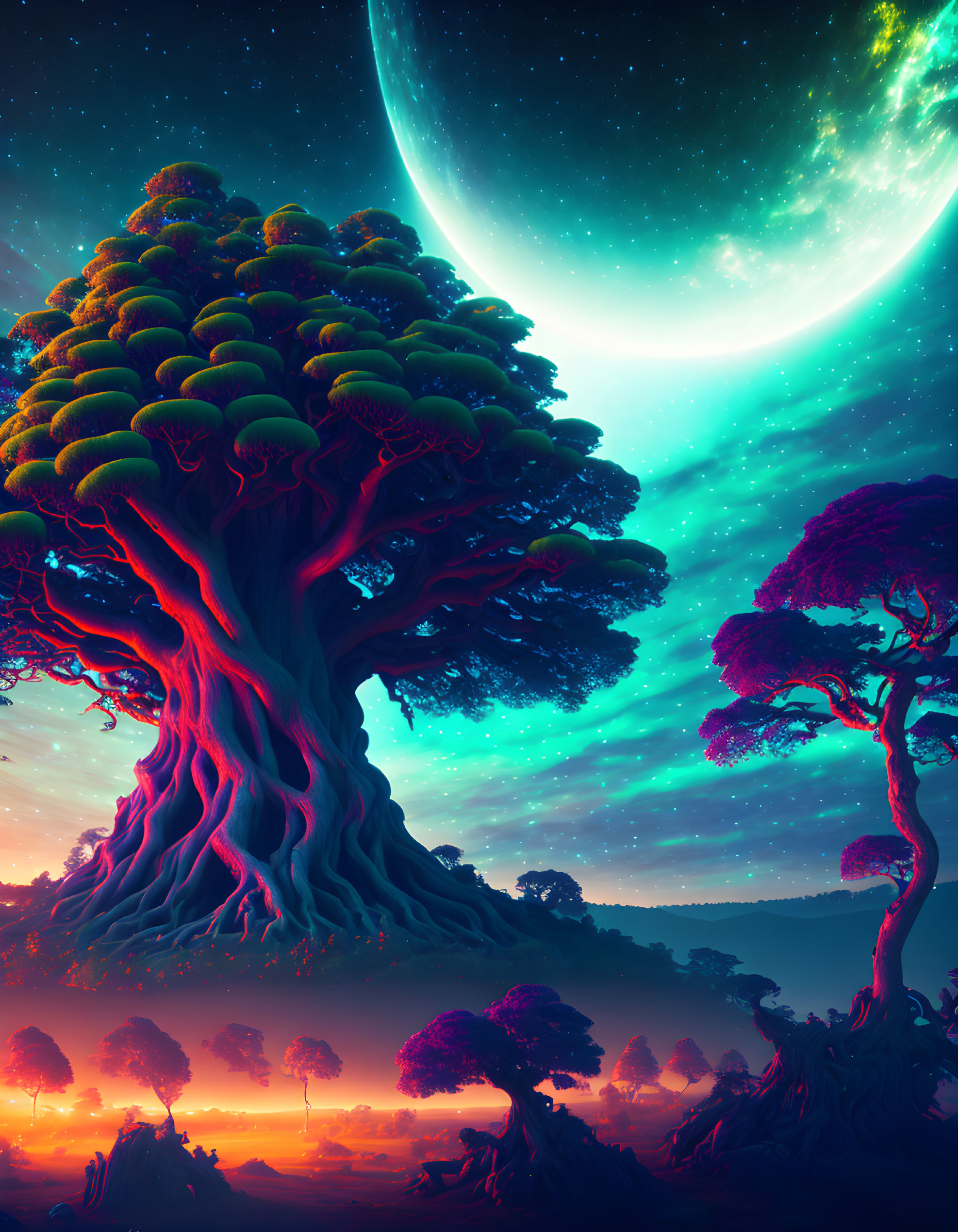 Luminous oversized trees in mystical night scene