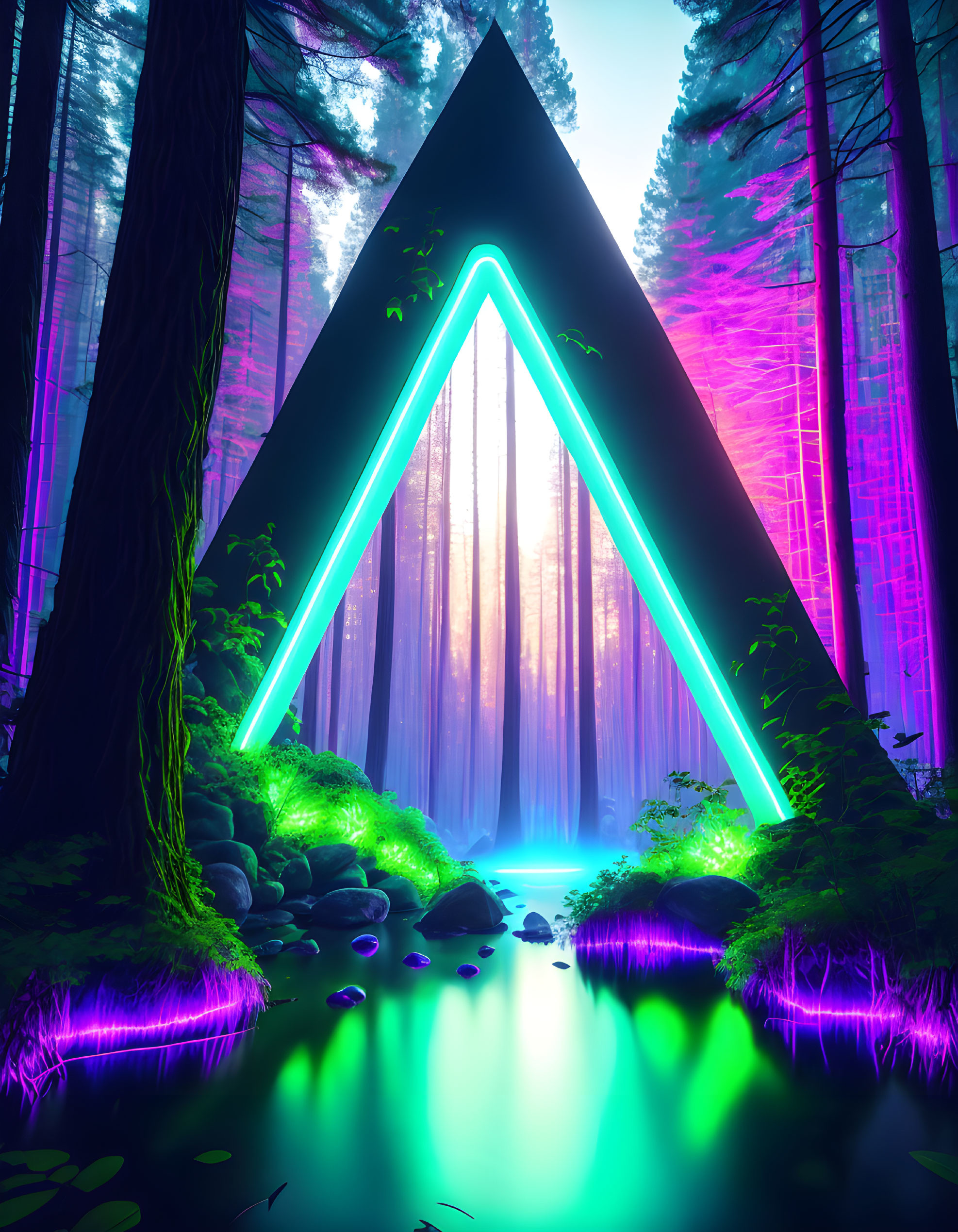 Neon triangle portal in mystical forest with tall trees and reflective river