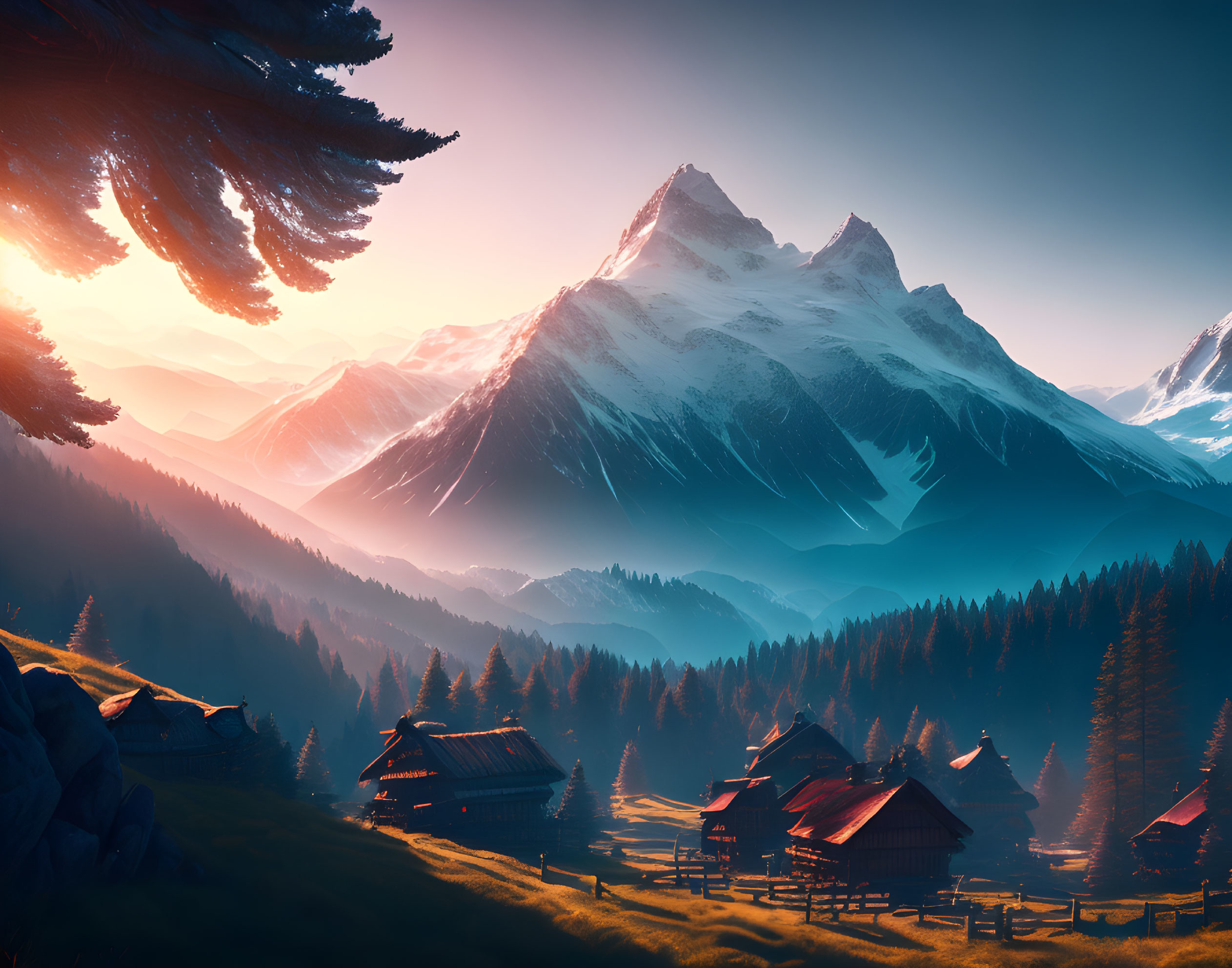 Snow-capped mountains and alpine cabins in serene sunrise landscape