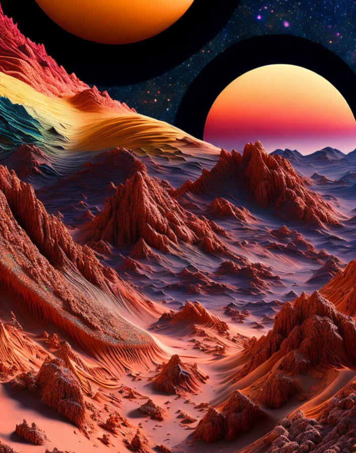 Alien terrain with oversized planets in red desert landscape