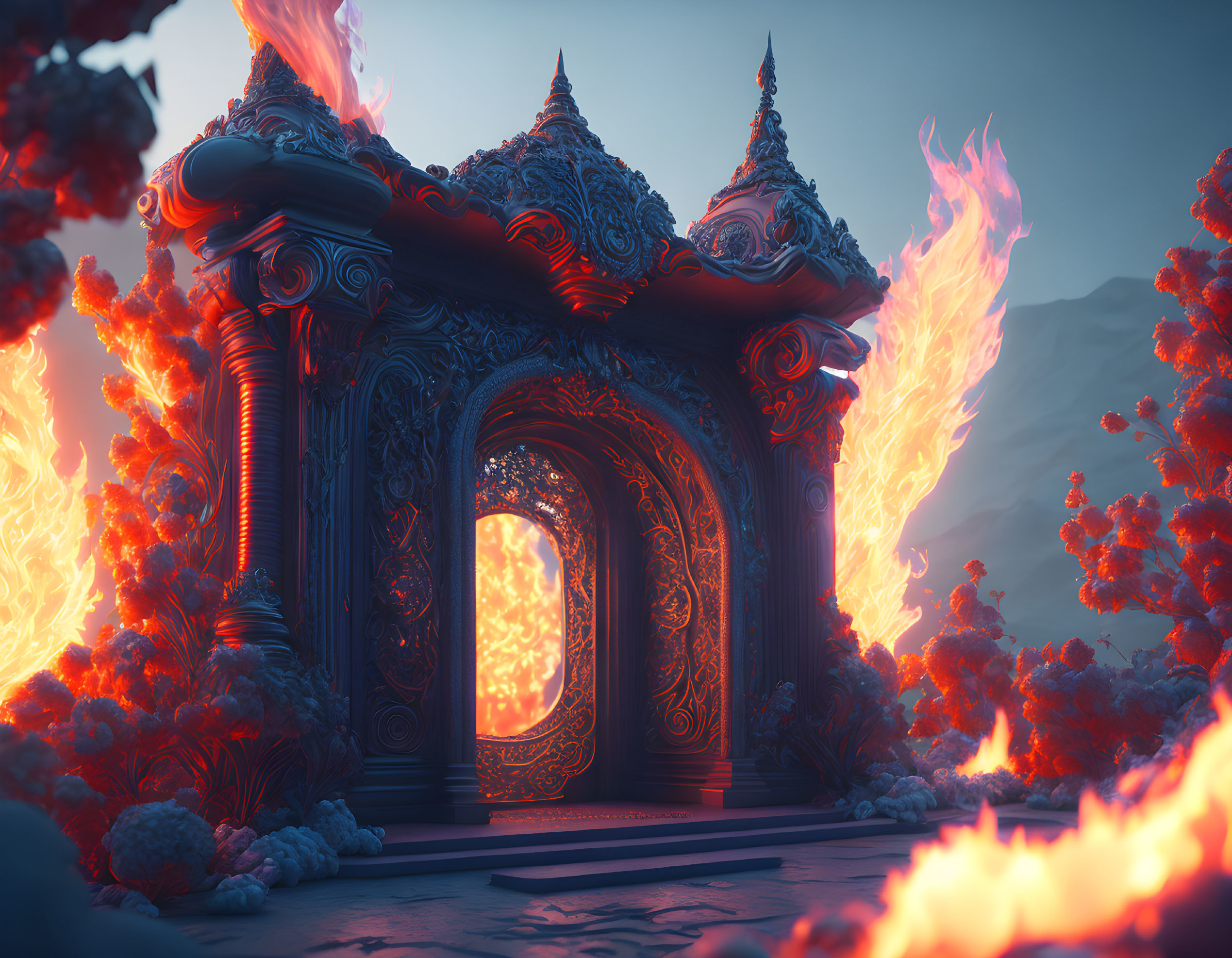 Intricate mystical gateway with fiery blooms in fantastical landscape