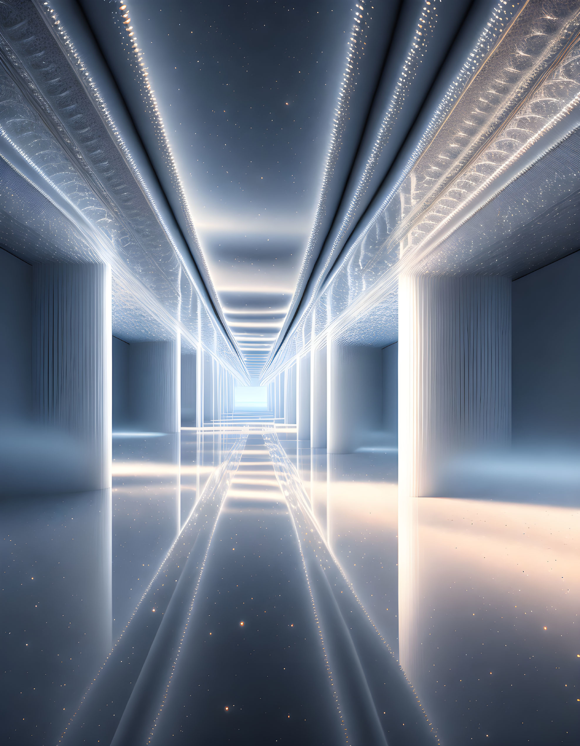 Futuristic illuminated corridor with reflective floors