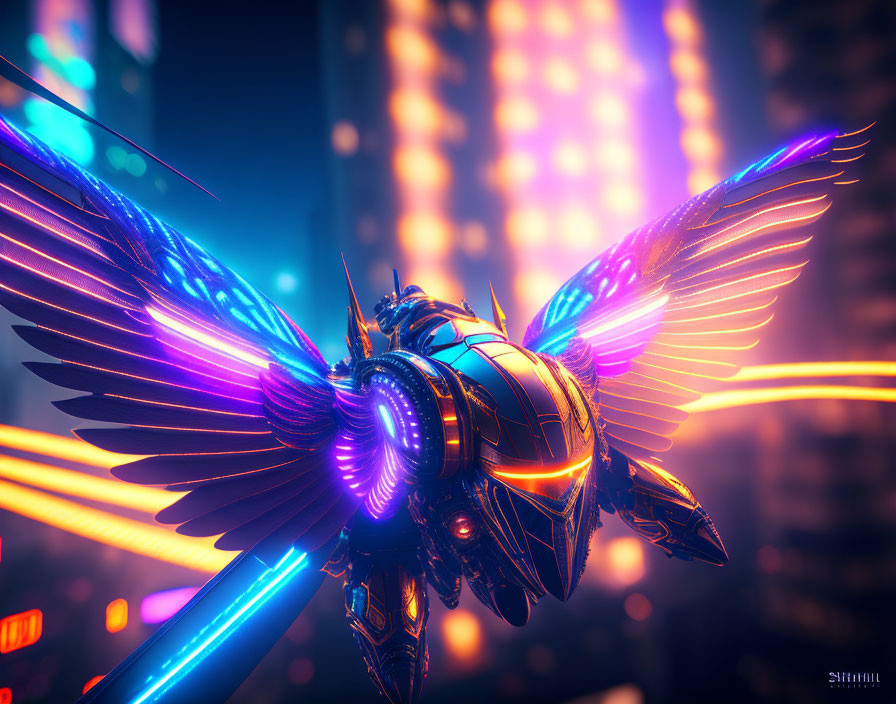 Biomechanical bird with radiant neon wings in futuristic city at night