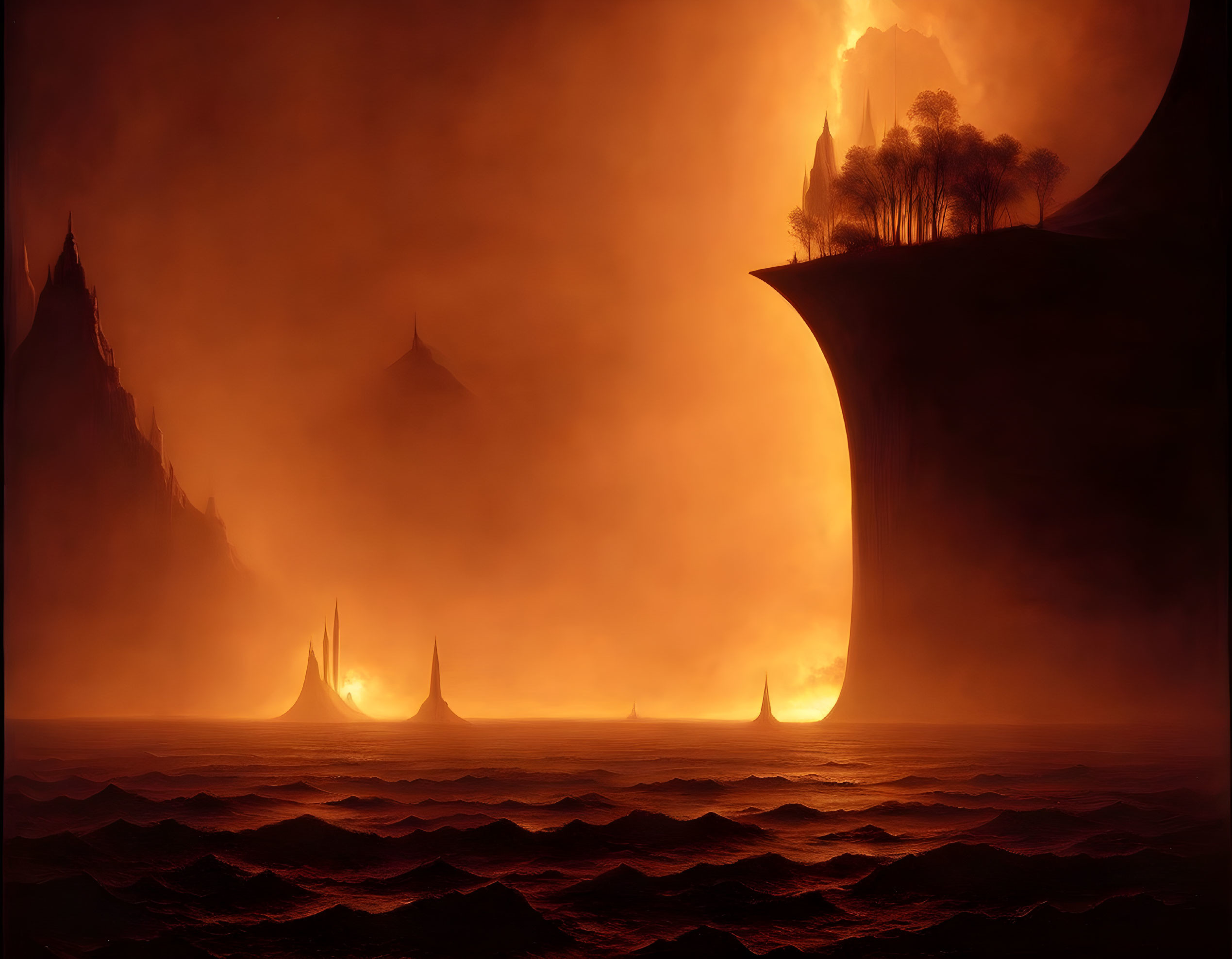 Dark atmospheric landscape with towering spires and fiery sky.