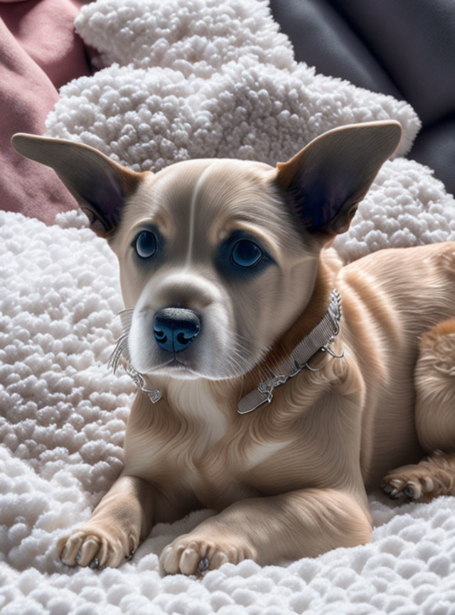 Tan Dog with Large Ears and Blue Eyes on Fluffy White Surface