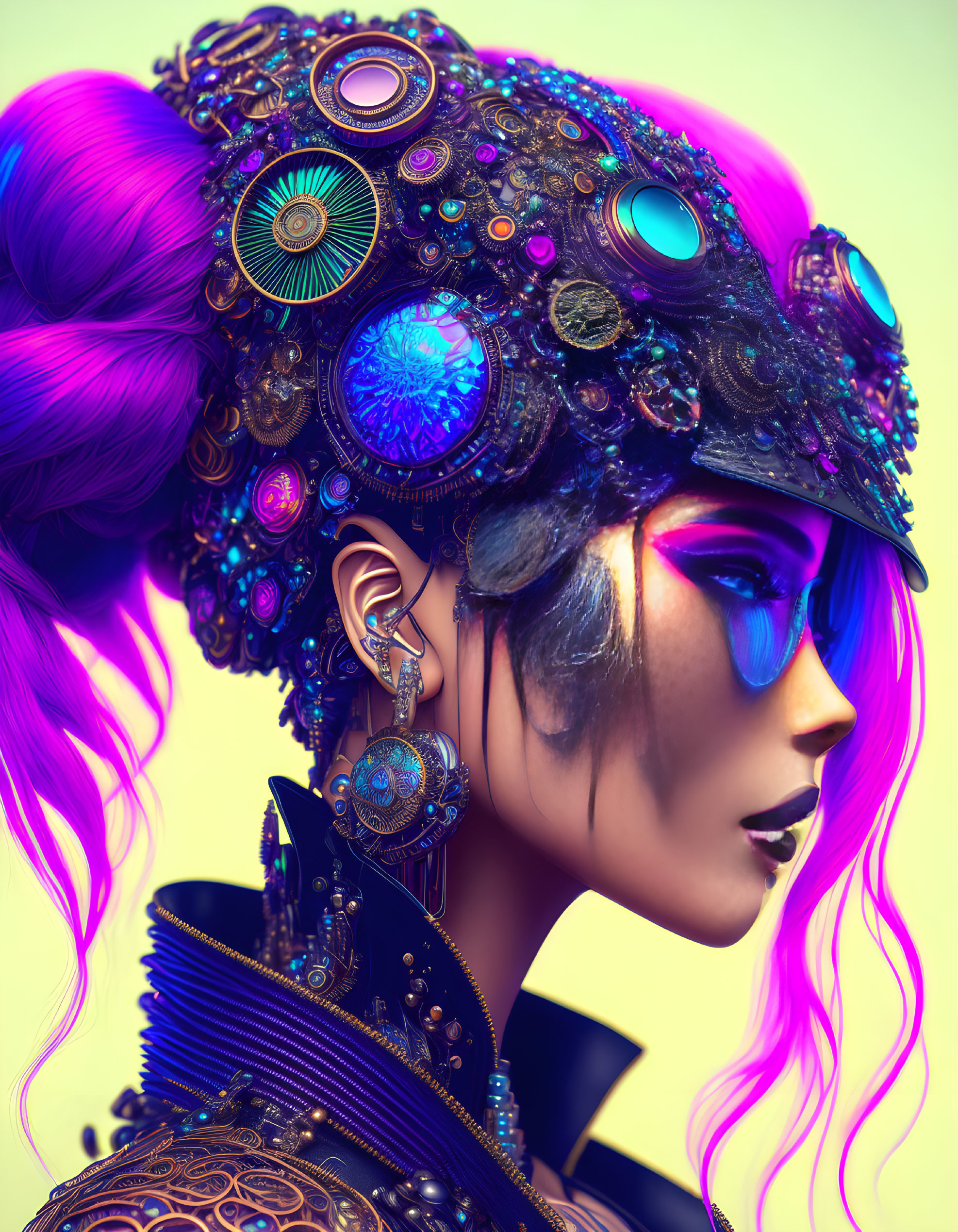 Detailed portrait of futuristic woman with purple hair and intricate mechanical headpiece