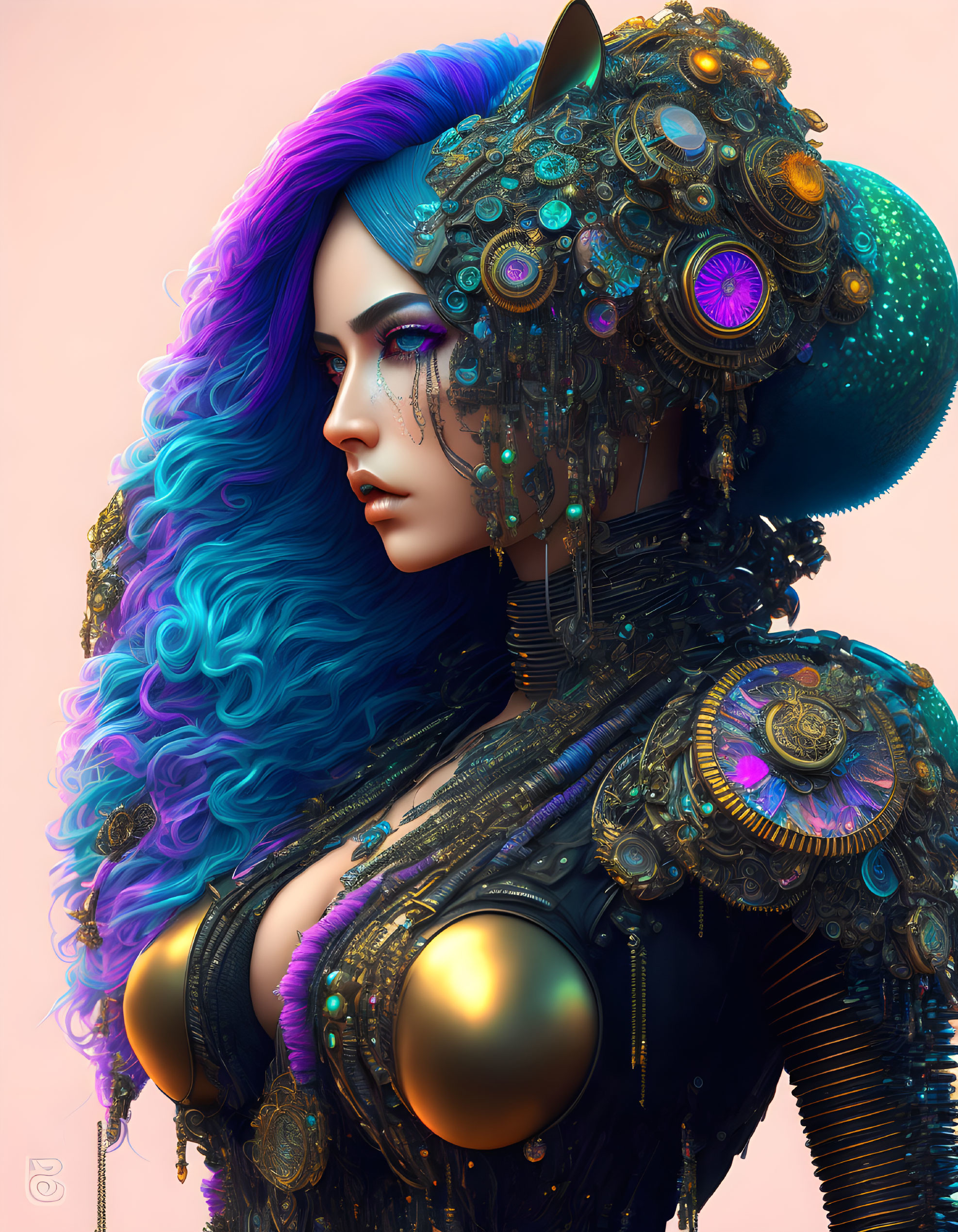 Digital art portrait: Female figure with purple and blue hair, gold cybernetic enhancements, on pink