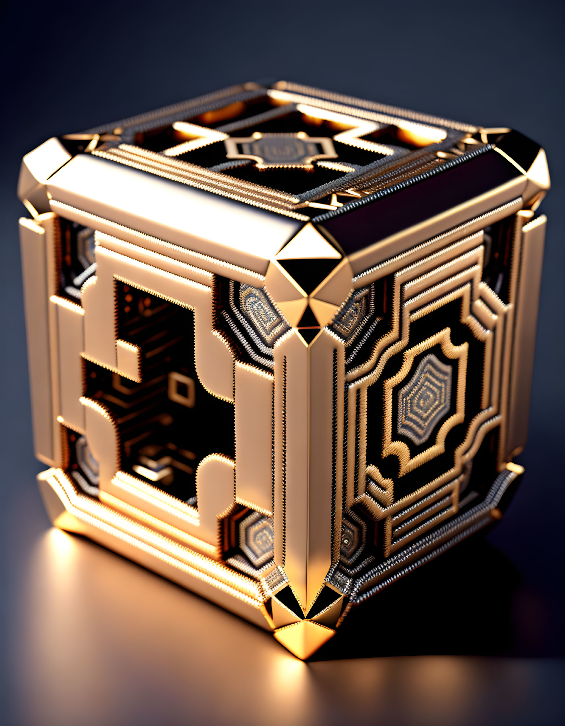 Intricate Golden Cube with Geometric Patterns on Dark Background