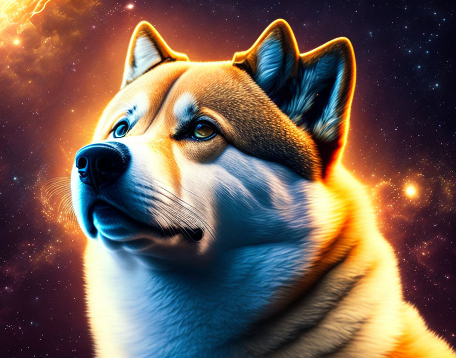 Vibrant cosmic background with Shiba Inu dog illustration