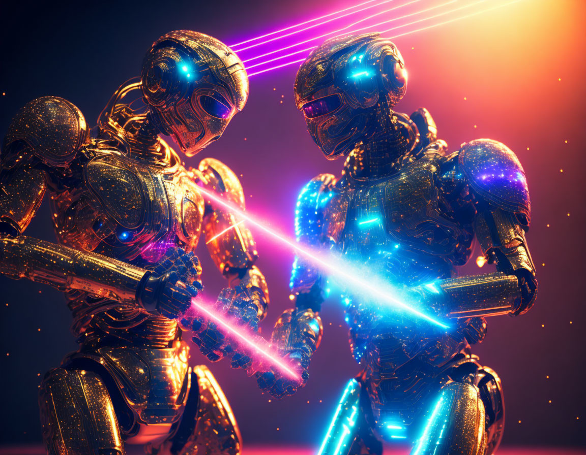 Futuristic robots in combat with vibrant eye beams on warm backdrop