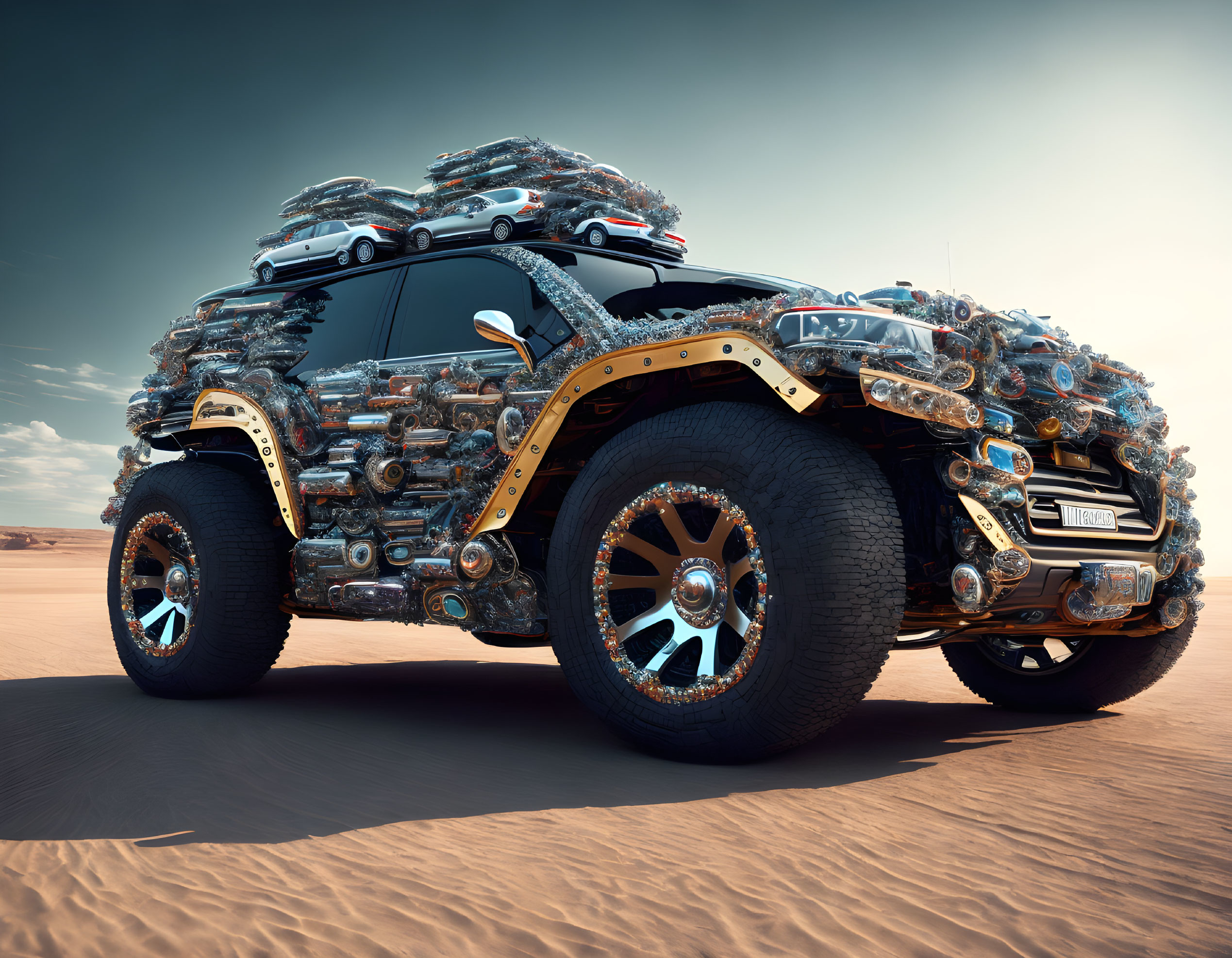 Customized vehicle with multiple speakers in desert landscape