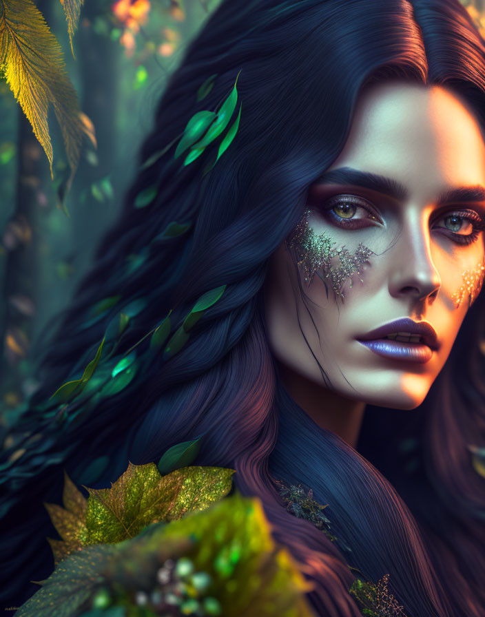 Portrait of Woman with Leaf-Themed Makeup in Lush Forest Setting