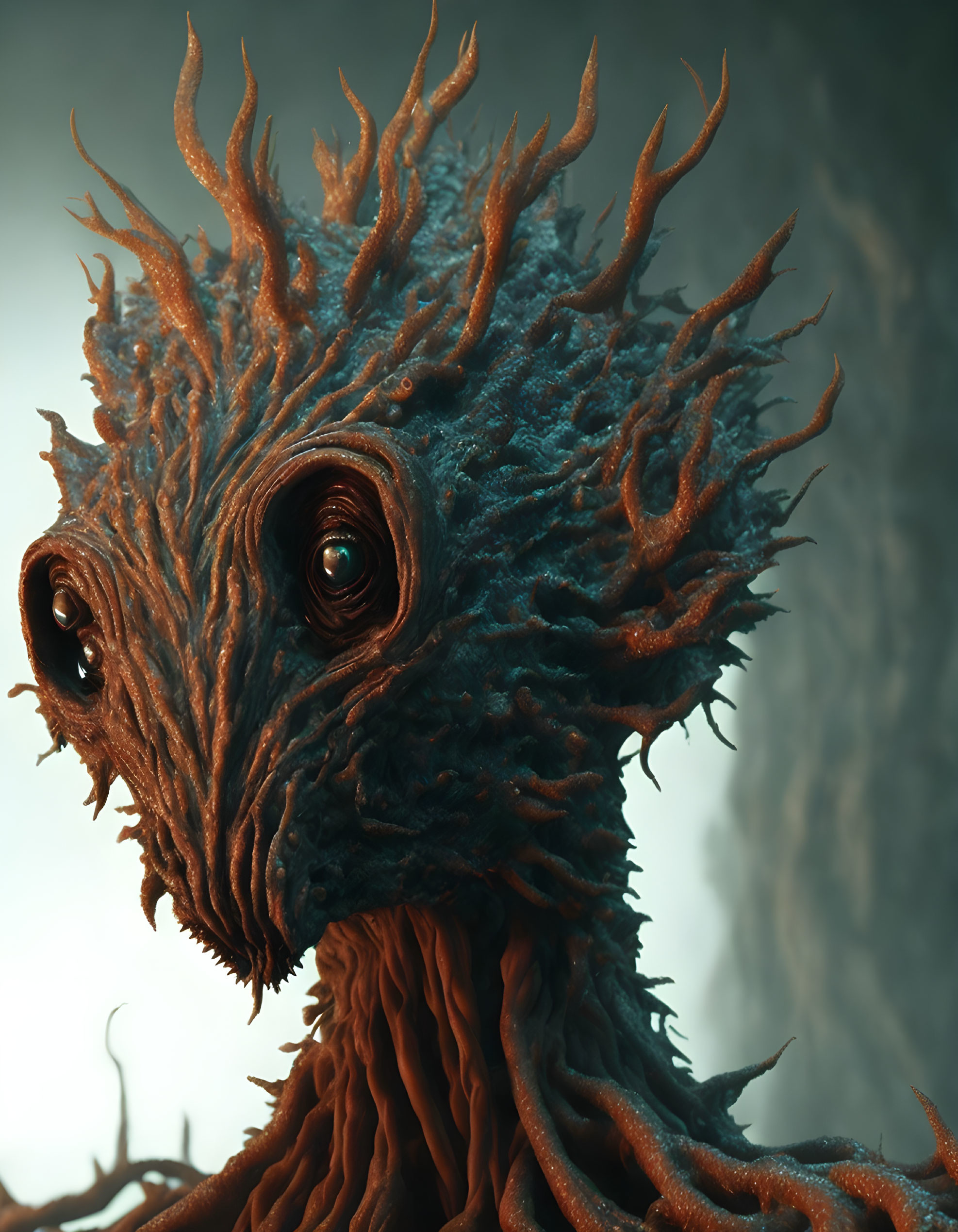 Blue textured creature with branch-like protrusions and dark eyes.