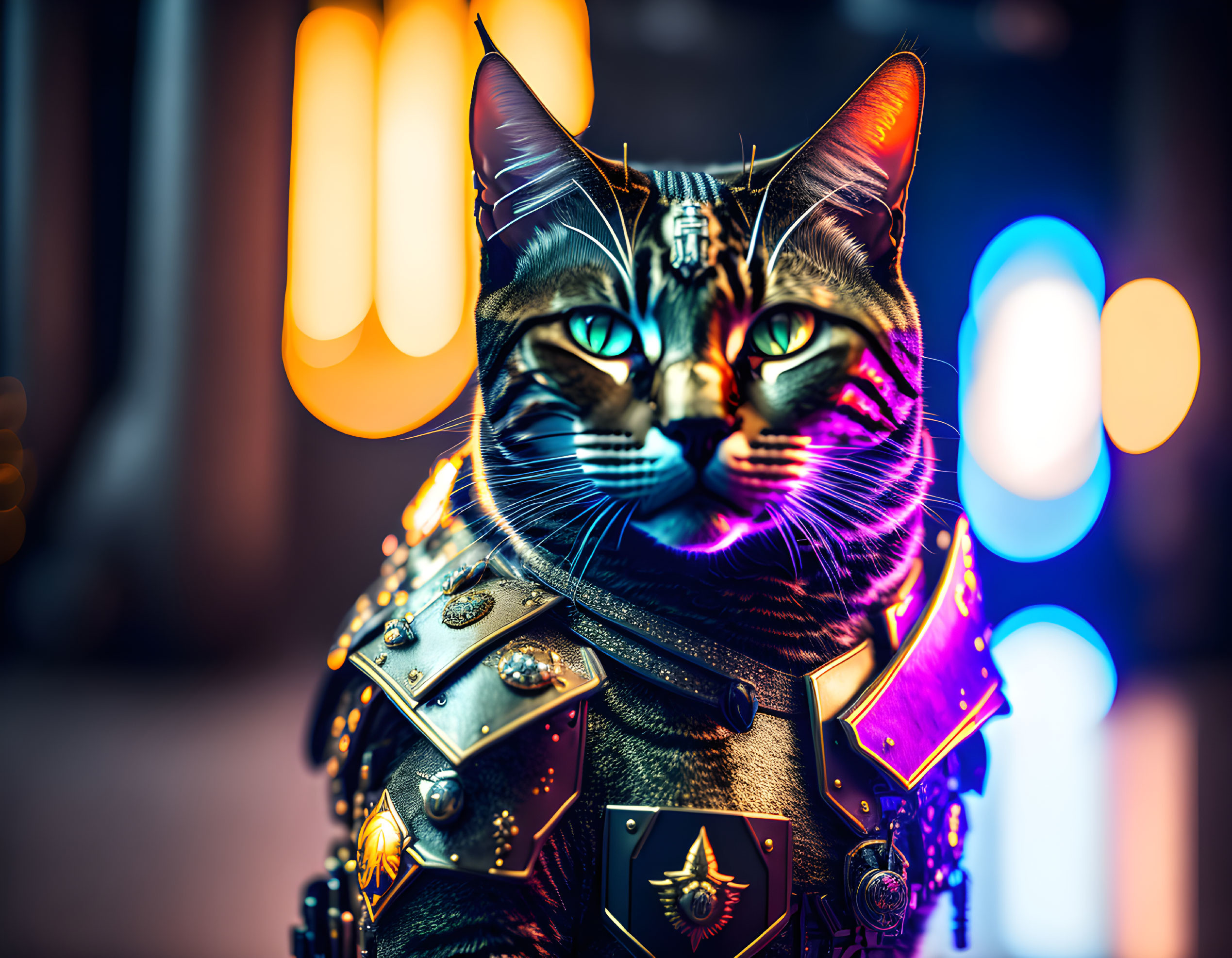 Futuristic warrior cat in detailed armored suit with glowing eyes