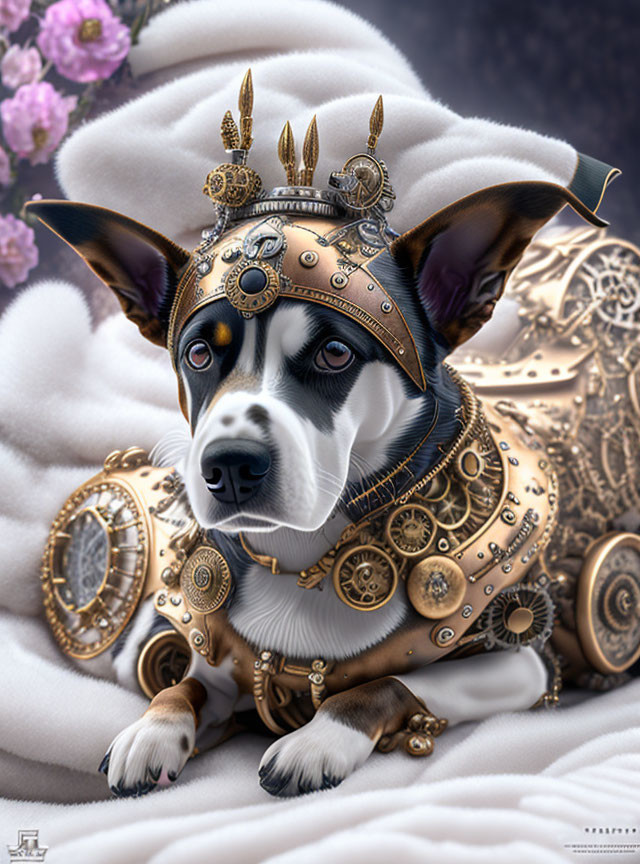 Steampunk-style gear adorned dog in digital artwork against floral backdrop