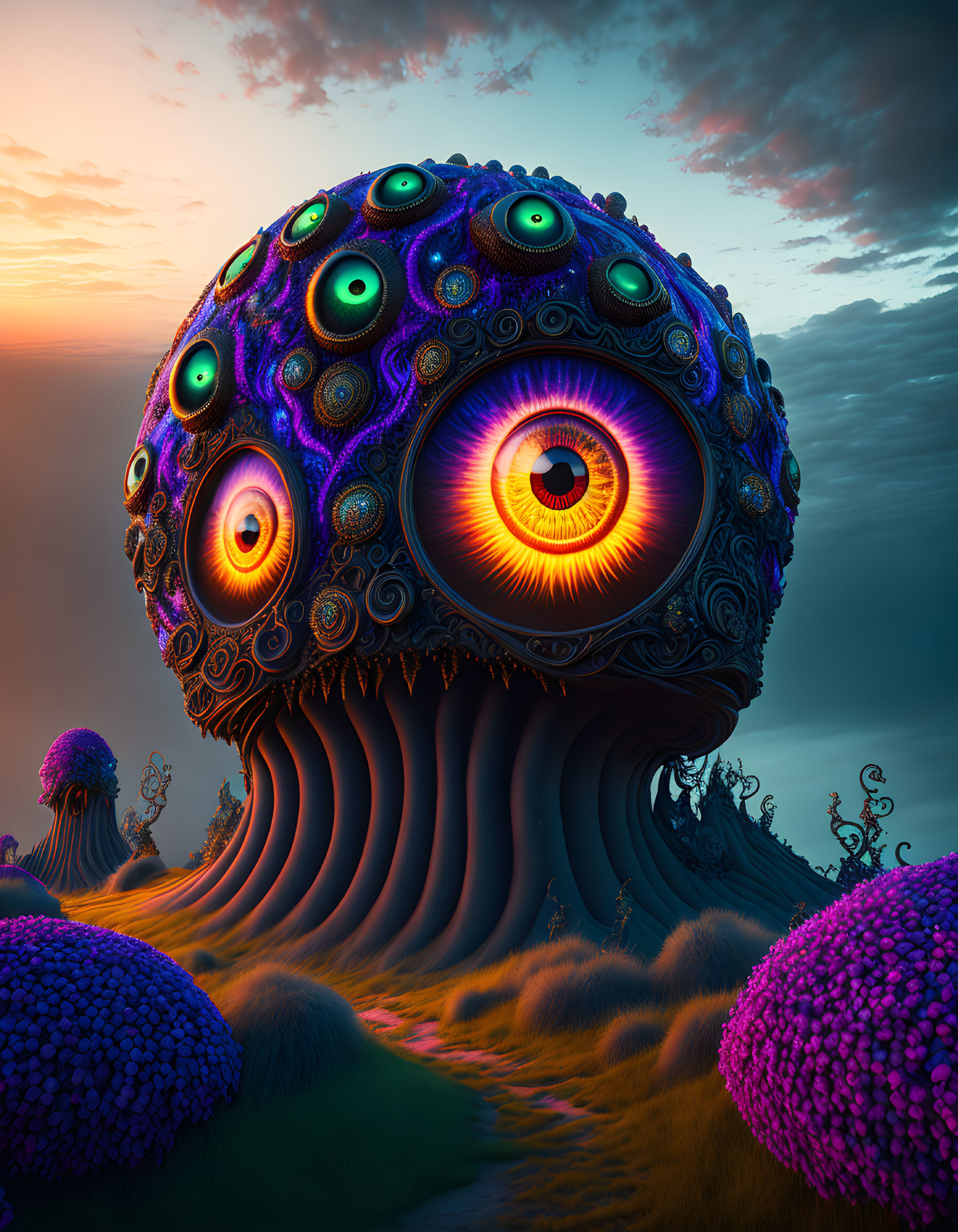 Colorful Eye-Patterned Mushroom Structures in Dusk Landscape